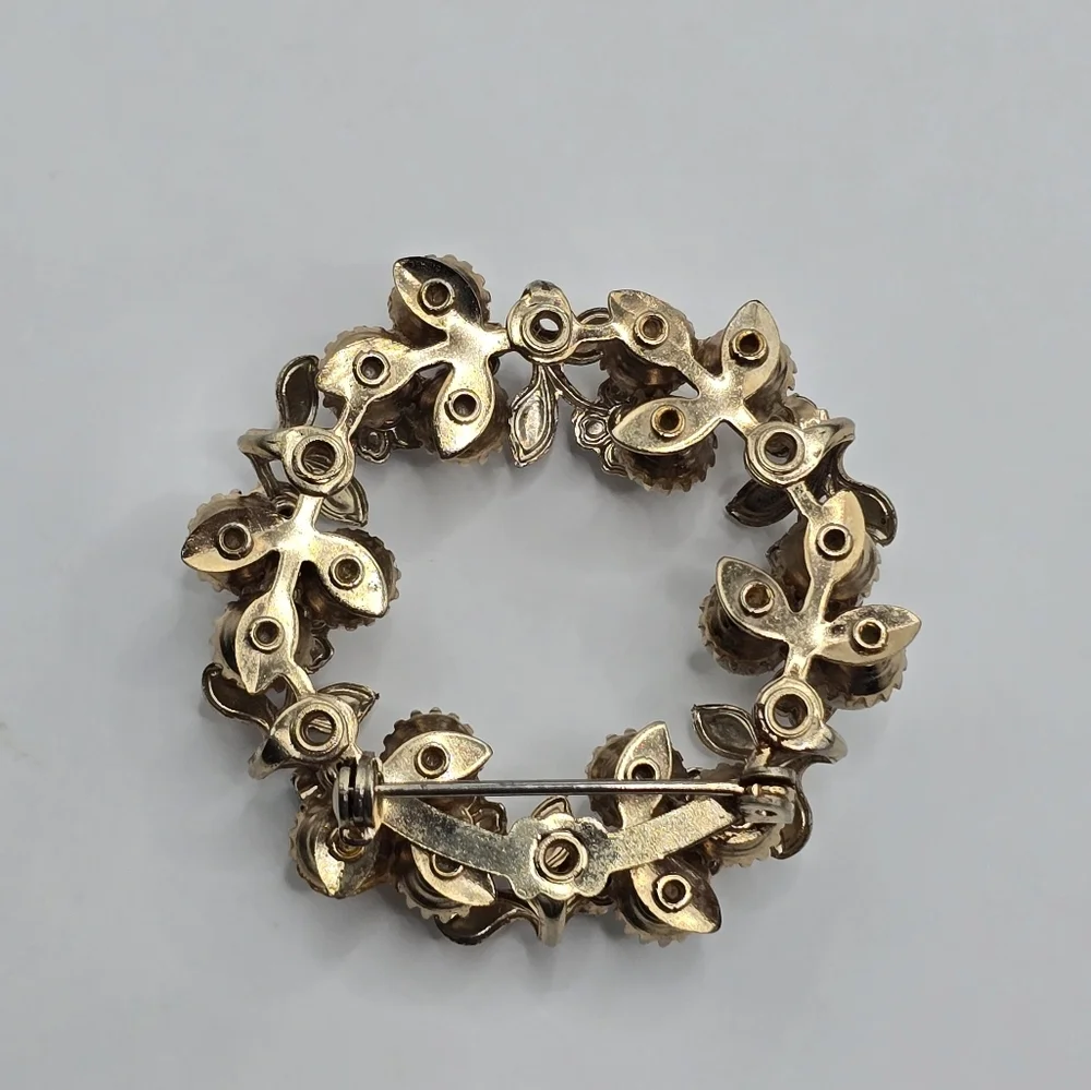 Faux Pearl & Aurora Borealis 60s Circle Gold Tone Floral Wreath Brooch